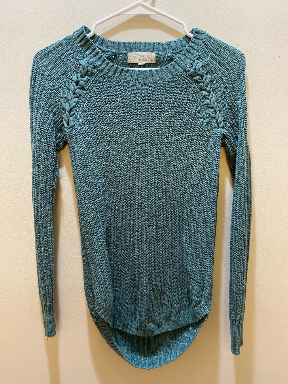 Pink Republic Teal Raglan Cable-Shoulder Crewneck Sweater